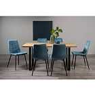 Rimi Rustic Oak Effect Melamine 6 Seater Dining Table With U Leg & 6 Mondrian Petrol Blue Velvet Fabric Chairs With Black Legs