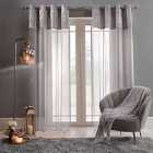 Sienna Pair Of Crushed Velvet Panel Lace Voile Net Curtain Textured Eyelet Ring Top Silver Grey Panels - 55" Wide X 87" Drop