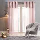 Sienna Pair Of Crushed Velvet Panel Lace Voile Net Curtain Textured Eyelet Ring Top Blush Pink Panels - 55" Wide X 87" Drop