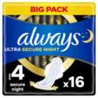 Always Ultra Sanitary Towels Secure Night Size 4 With Wings 16 per pack