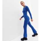 Bright Blue Ribbed Knit Flared Trousers