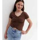 Girls Dark Brown Ribbed Ruched Front Frill Hem Top