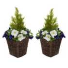 Greenbrokers Artificial Dark Purple & White Petunia Rattan Patio Planters 60Cm/24In (set Of 2)