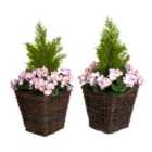 Greenbrokers Artificial Pink Geranium Rattan Patio Planters 60Cm/24In (set Of 2)
