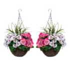Greenbrokers Artificial Pink & White Pansy Round Rattan Hanging Basket (set Of 2)
