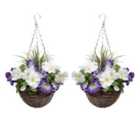 Greenbrokers Artificial Purple & White Round Rattan Petunia Hanging Baskets (set Of 2)