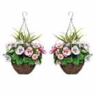 Greenbrokers Artificial Soft Pink & White Pansy Round Rattan Hanging Basket (set Of 2)