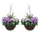 Greenbrokers Artificial Purple & White Pansy Round Rattan Hanging Baskets (set Of 2)