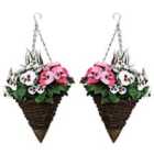 Greenbrokers Artificial Pink & White Pansy Cone Shaped Rattan Hanging Basket (set Of 2)