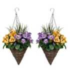 Greenbrokers Artificial Purple & Yellow Pansy Cone Shaped Rattan Hanging Basket (set Of 2)