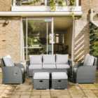 Outsunny 6pc Padded Outdoor Rattan Wicker 3-Seat Sofa Recliner Footstool Table Light Grey