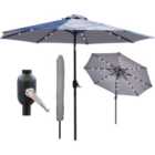 GlamHaus Garden Parasol Solar LED 2.7M ,Tilting Table Umbrella with Crank Handle, Protection UV40, Includes Parasol Cover- Grey