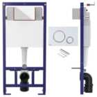 Concealed 1.12m Wall Hung Toilet Cistern Frame Adjustable WC Unit & Matt White, Chrome Trim Flush Plate