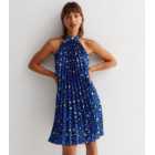 Blue Leopard Print Satin Pleated Halter Mini Dress