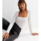 White Ribbed Jersey Square Neck Long Sleeve Bodysuit