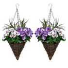 Greenbrokers Artificial Purple & White Pansy Cone Shaped Rattan Hanging Basket (set Of 2)