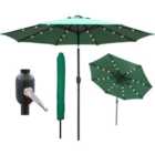 GlamHaus Garden Parasol Solar LED 2.7M ,Tilting Table Umbrella with Crank Handle, Protection UV40, Includes Parasol Cover- Green