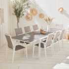 8-seater garden dining set extendable 200-300cm aluminium table and 8 armchairs - Washington - White frame Beige-Brown textilene