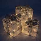 Christmas Workshop Set of 3 LED Light Up Xmas Gift Boxes with Silver Bows - Warm White