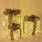 Christmas Workshop Set of 3 LED Light Up Xmas Gift Boxes with Hessian Bows - Warm White