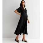 Maternity Black Satin Twist Front Short Sleeve Midi Dress