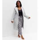 Curves Pale Grey Fluffy Leopard Print Trim Hooded Dressing Gown