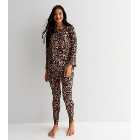 Maternity Brown Soft Touch Legging Pyjama Set with Leopard Print
