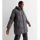 Tall Grey Mid Length Hooded Puffer Jacket