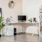HOMCOM L-Shaped Corner PC Desk Table With Drawer Home Office Workstation White
