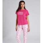 Loungeable Pink Trouser Pyjama Set with Santa Hat Print