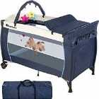 Tectake Travel Cot Dog 132X75X104cm With Changing Mat Play Bar & Carry Bag Blue