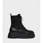 London Rebel Black Leather-Look Lace Up Chunky Ankle Boots