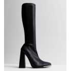 Public Desire Black Leather-Look Block Heel High Leg Boots