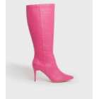 Bright Pink Faux Croc Stiletto Knee High Boots
