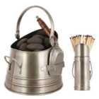 Traditional Antique Style Silver Coal Bucket with Silver Matches Canister