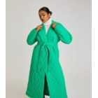 Urban Bliss Green Quilted Revere Collar Belted Long Puffer Jacket