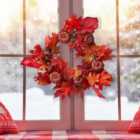 Livingandhome Red Fall Maple Leaf Pumpkin Wreath Artificial Wreath Front Door Decoration with LED Light 40cm