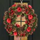 Red Berries and Roses Xmas Winter Christmas Festive Wreath, Christmas Wreath for Front Door, Home Decoration 36cm