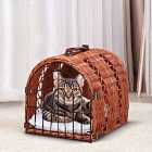 PawHut Natural Wicker Cat Basket W/ Mat Handle Kitten & Portable Cat Carrying House - Orange