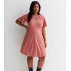 Curves Mid Pink Ribbed Jersey Short Sleeve Keyhole Mini Dress