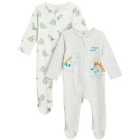 M&S Collection 2 Pack Pure Cotton Dinosaur Sleepsuits, Grey Mix, 0-3 Years