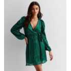 Gini London Dark Green Sequin V Neck Long Sleeve Belted Mini Wrap Dress