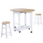 Homcom 3 Piece Space Saving Mobile Wooden Dining Set With 2 Folding Stools White And Natural Wood