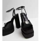 Public Desire Black Satin Diamanté Block Heel Platform Sandals