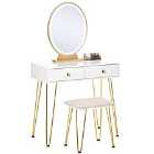 HOMCOM Dressing Table Set With Oval LED Mirror And Stool 2 Drawers White Gold Hairpin Legs