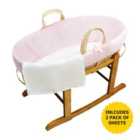 Kinder Valley Pink Palm Moses Basket with Folding Stand and 2 Pack Moses Basket Sheets