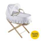 Kinder Valley Broderie Analgise Cream Palm Moses Basket with Folding Stand and 2 Pack Moses Basket Sheets