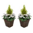 Greenbrokers Artificial White Pansy Conifer Rattan Patio Planter 60Cm/24In (set Of 2)