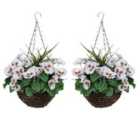 Greenbrokers Artificial White Pansy Round Rattan Hanging Basket (set Of 2)