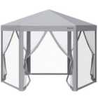 Outsunny 3 x 3m Pop-Up Hexagonal Gazebo w/ Mesh Sidewall, Adjustable Height and Roller Bag - Grey